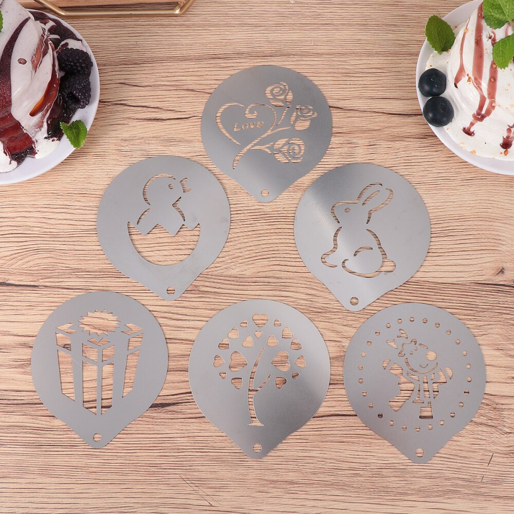 1 Set of 6pcs Coffee Stencils Stainless Steel DIY Cappuccino Latte Art Template Printing Model (Assorted Style 1): Silver Set 7