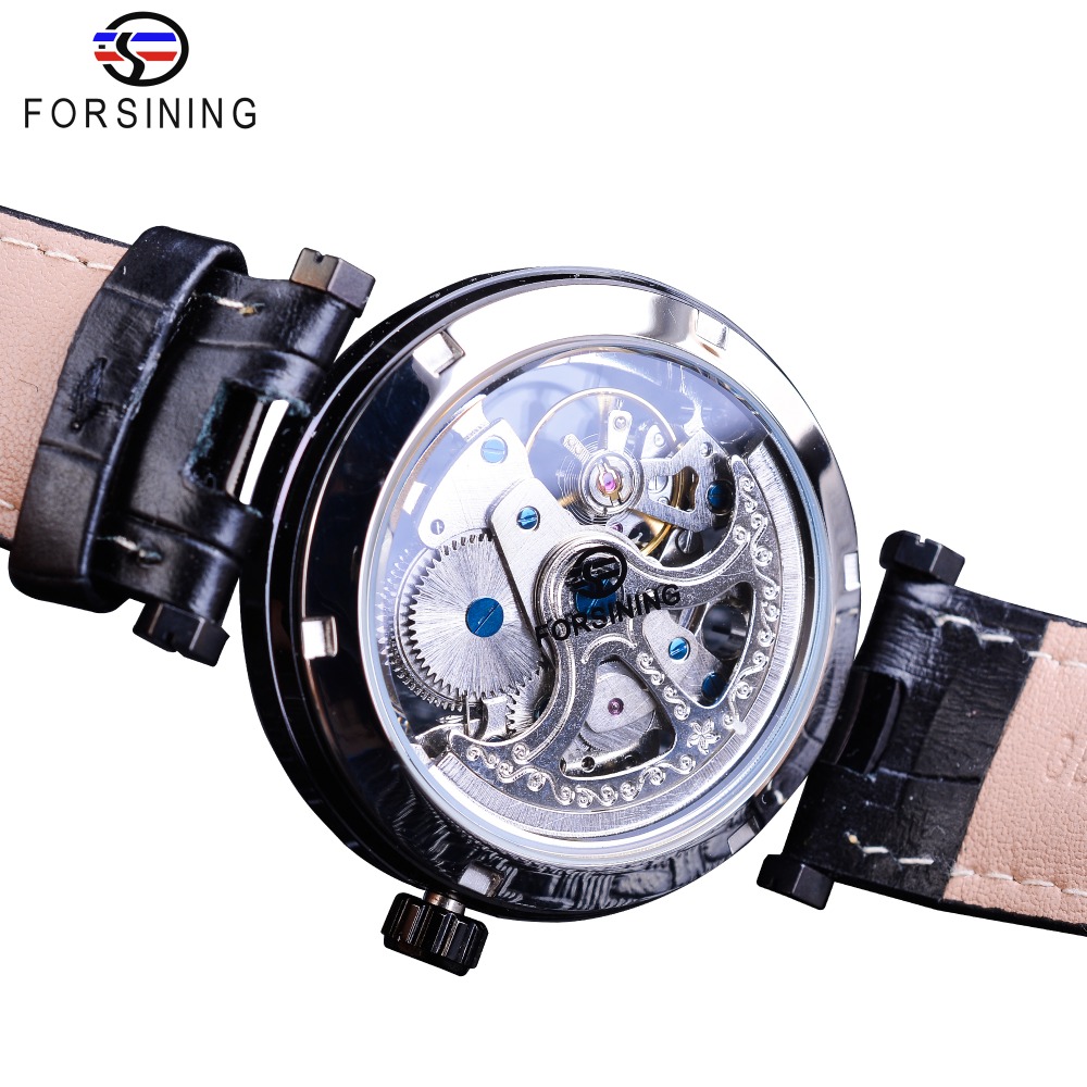 Forsining Mode Zilveren Beweging Skeleton Horloges Blauw Lichtgevende Handen Lederen heren Mechanische Horloge Waterdicht Man Klok