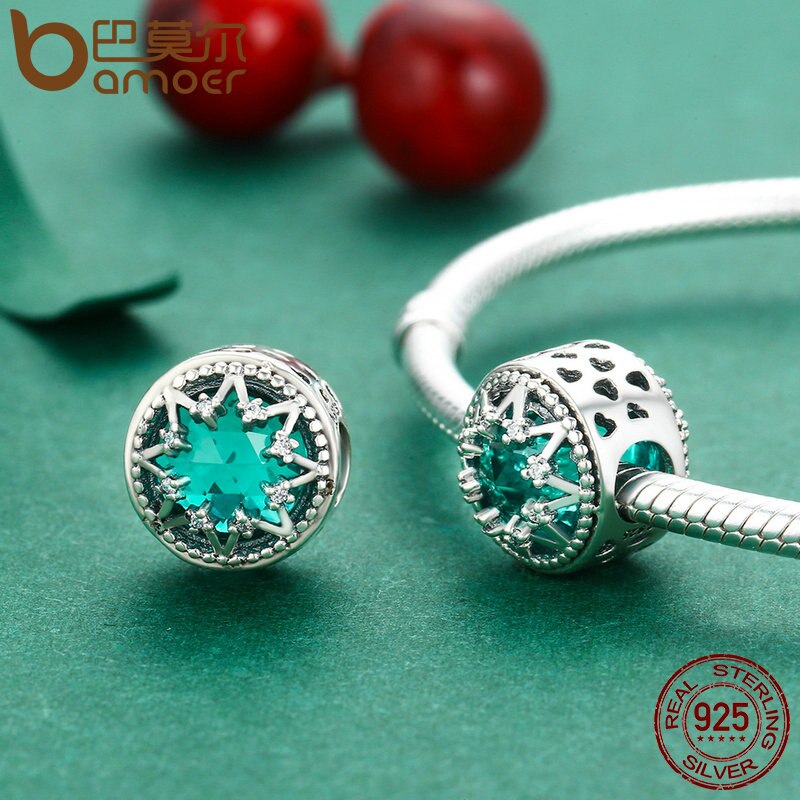 Bamoer romântico 925 prata esterlina brilhante floco de neve contas de cristal verde ajuste feminino pulseira jóias presente natal scc308