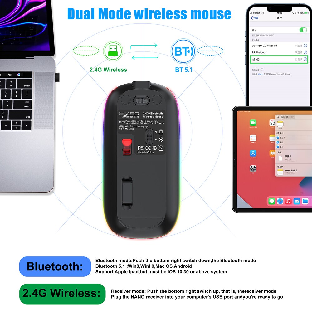 VicTsing-ratón inalámbrico recargable 2,4G, Mouse con Bluetooth V5.1, LED, delgado, con botón de inicio para ordenador portátil, PC, escritorio