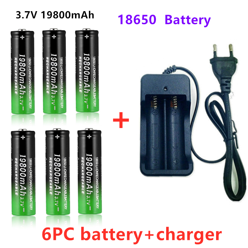 100% 18650 Battery 19800mAh 3.7V 18650 Li-ion batteries Rechargeable Battery For Flashlight Torch +Charger: Blue