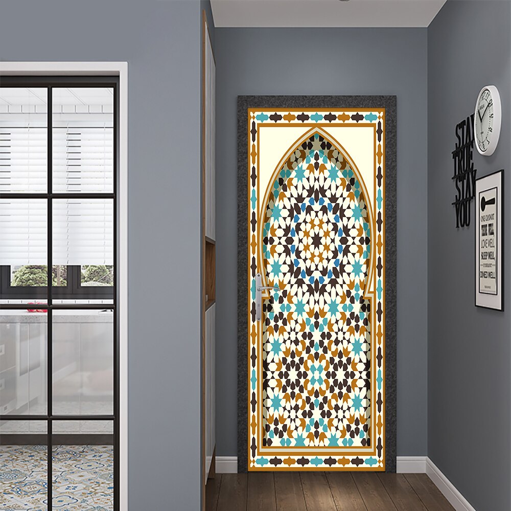 Muslim Style Floral Door Sticker Home Decoration DIY Wall Stickers Bedroom Kitchen Art Wallpaper Peel &amp; Stick Vinyl Wall Decals