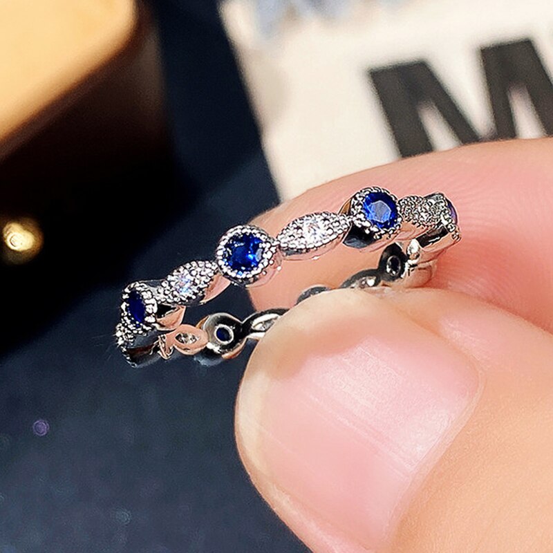 Huitan – bague de mariage Chic en zircone cubique pour femmes, rond bleu/blanc, Simple et délicat, bijoux à la: 7 / F1366