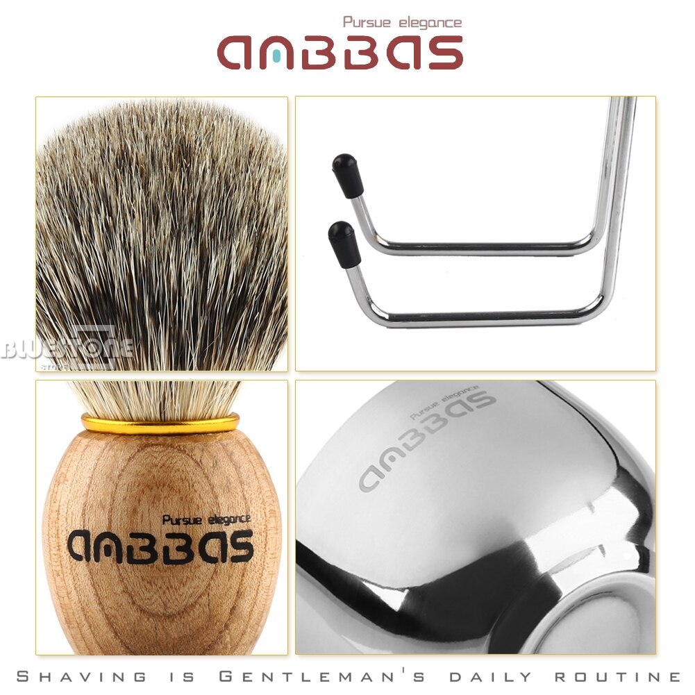 Anbbas Dassenhaar Scheerkwast + Rvs Shave Brush Stand en Kom