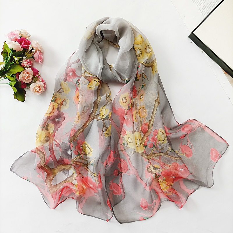 Mode Zon Zijden Sjaal Vrouwen Bloem Georgette Bandana Elegante Zee Strand Shawl Soft Hijab Lange Dunne Zijden Sjaal: 1