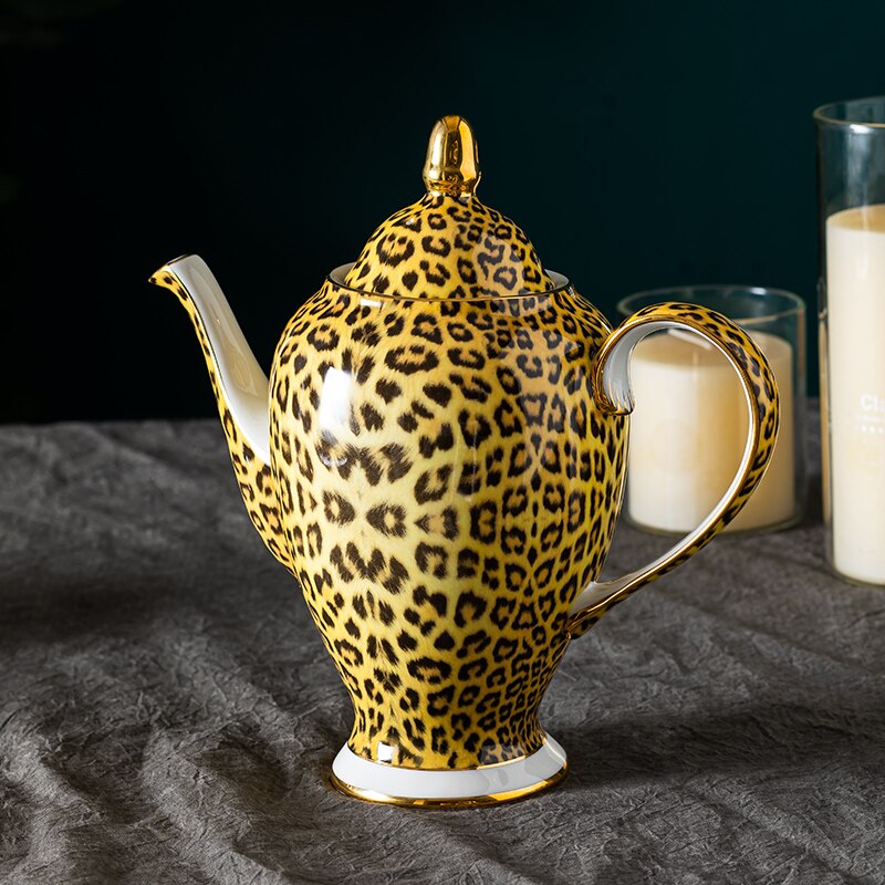 Leopard Print Coffee Set Bone China Coffeecup Saucer Creamer Sugar Jar Mugs Fruit Plate Ashtray Afternoon Tea Set For Home Kitch
