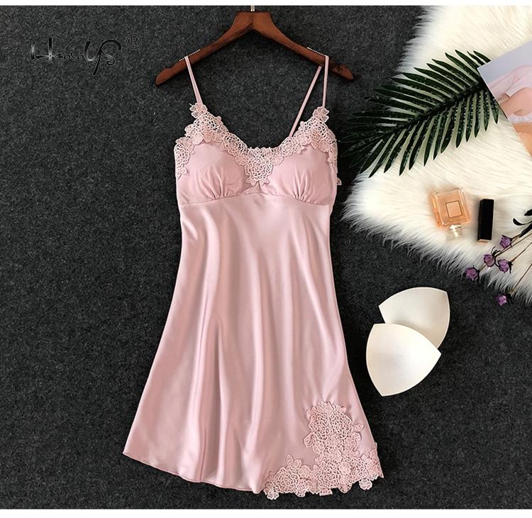 Women Silk Sleepshirts Lace Babydoll Lingerie Satin Chemise Nightgown V Neck Sleepwear Nighty Nightgown wWith Chest Pad Homewear: Pink / L