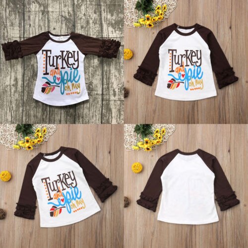 Reino unido ação de graças crianças bebê menina manga longa plissado topos algodão camiseta traje