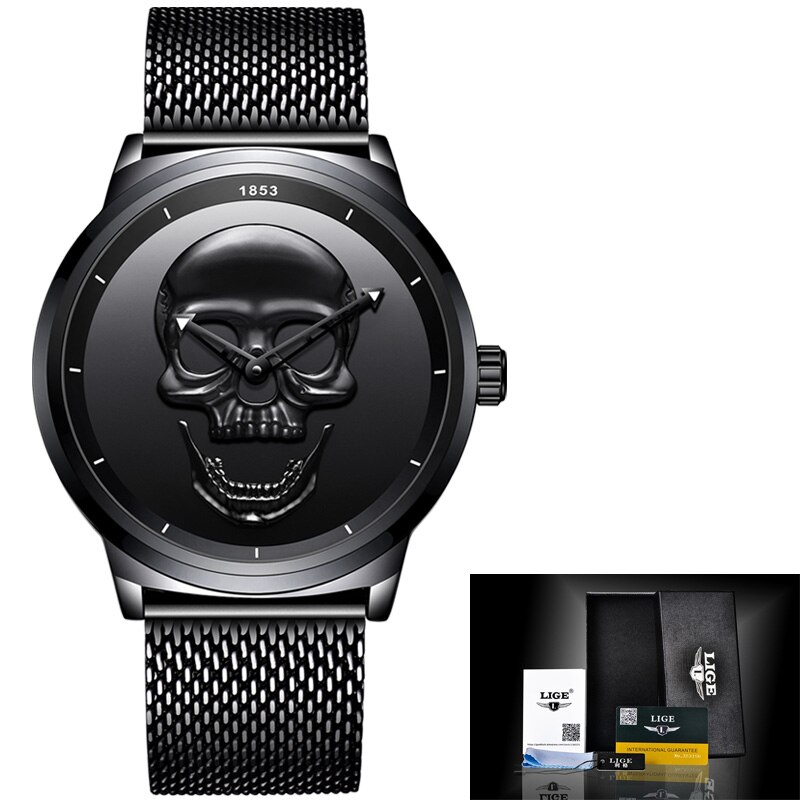 2018 lige mærke cool punk stil pirat skelet kranium quartz herreure mesh stål sport sort ur herre relogio masculino+box: Fuld sort