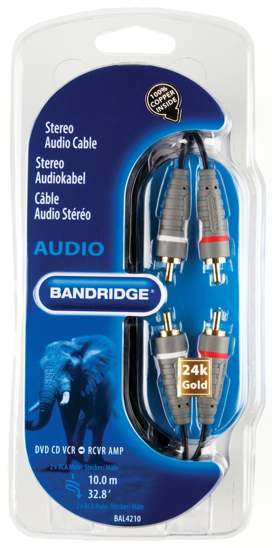 Bandridge Stereo Audio Kabel, 2 X Rca Male-2 X Rca Male, 10 Meter Lange, 24K Vergulde Contacten