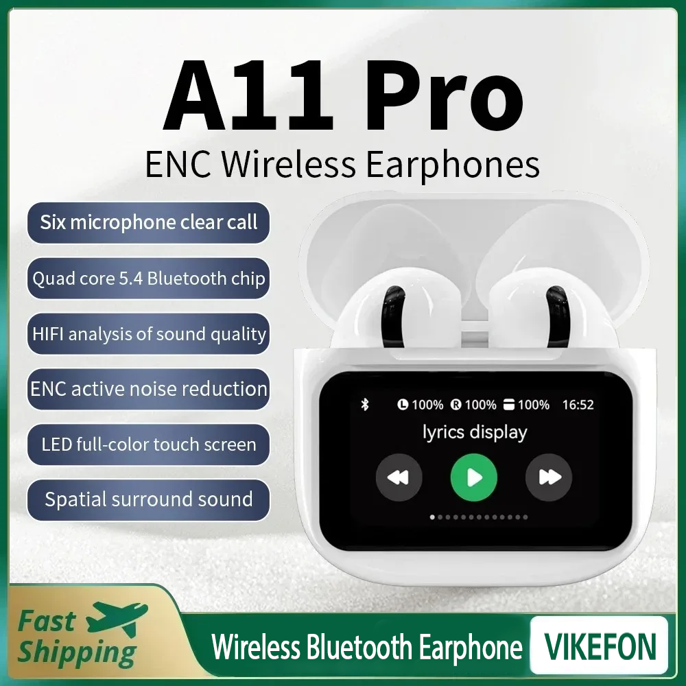 Auriculares inalámbricos A11 Pro TWS con Control táctil y pantalla LCD con cancelación de ruido ENC, batería larga de sonido Premium Supergraves