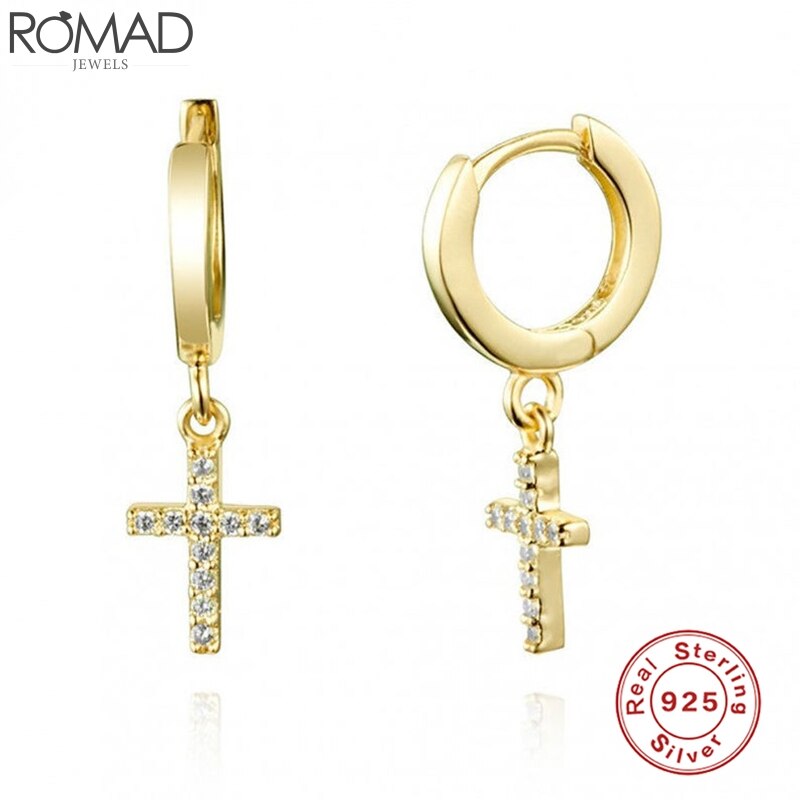 Pendientes de aro con forma de girasol elegantes para mujer nuevos pendientes a la joyería 925 pendientes colgantes de plata esterlina: Gold-cross