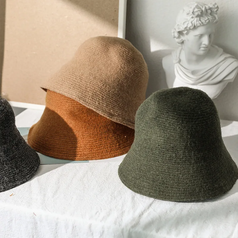 Solid Wool Bucket Hat Women Autumn Winter Fisherman Hat Vintage Knitting Wool Basin Cap