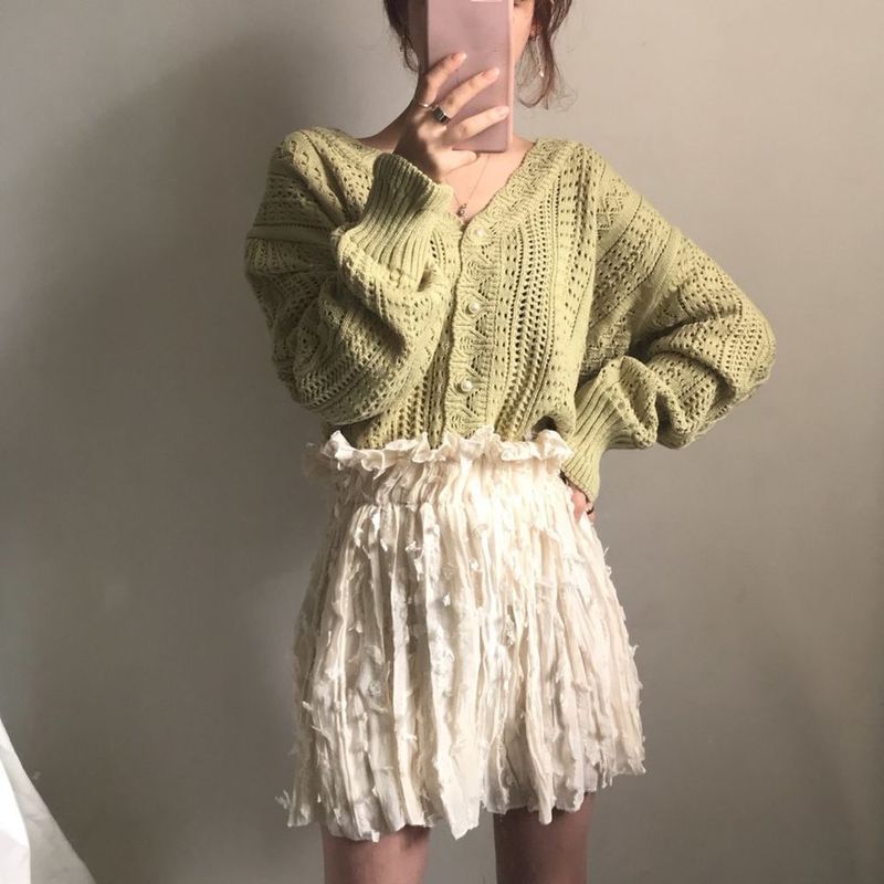 Kvinder netto rød sweater frakke kvindelig v-hals forår og efterår koreansk studerende hule top løs strikket cardigan