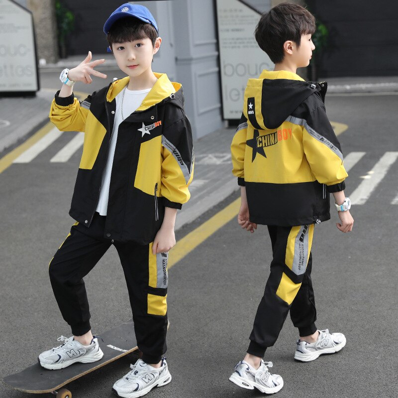 Kinder Kleidung Herbst Anzug Jungen Hoodies und Hosen Winddicht Graben Mantel Leucht Langarm 2 Pcs Set: YELLOW / 170cm