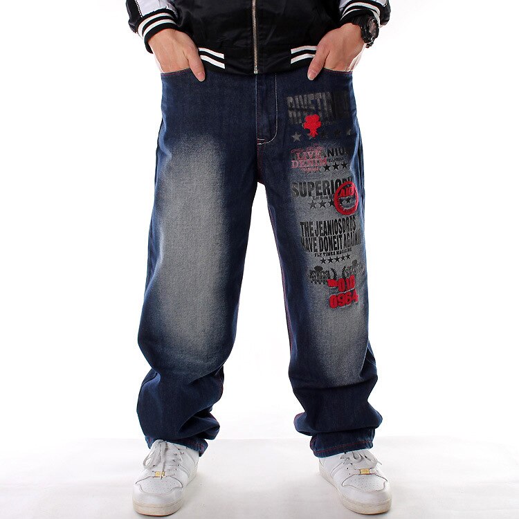 Mænd denim bukser løs streetwear hip hop afslappet skateboard jeans brev broderi baggy jeans bukser til mænd plus størrelse bukser: 36