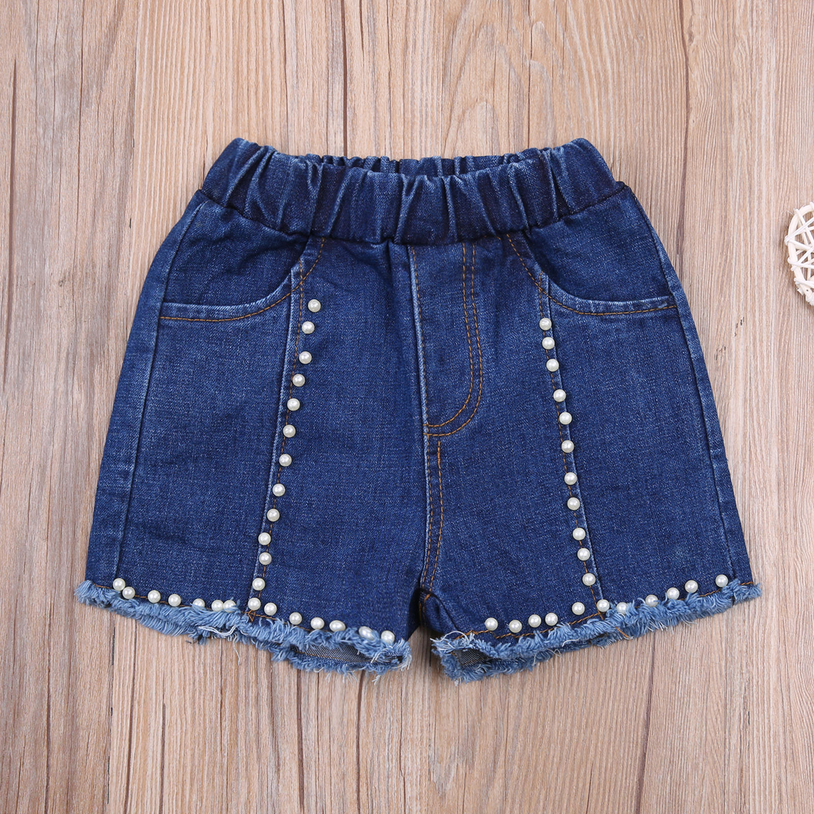 Aankomst Kinderen Meisje Broek Denim Shorts Zijzakken Decoratieve Parel Kralen Ruwe Zelfkant Bodems Shorts