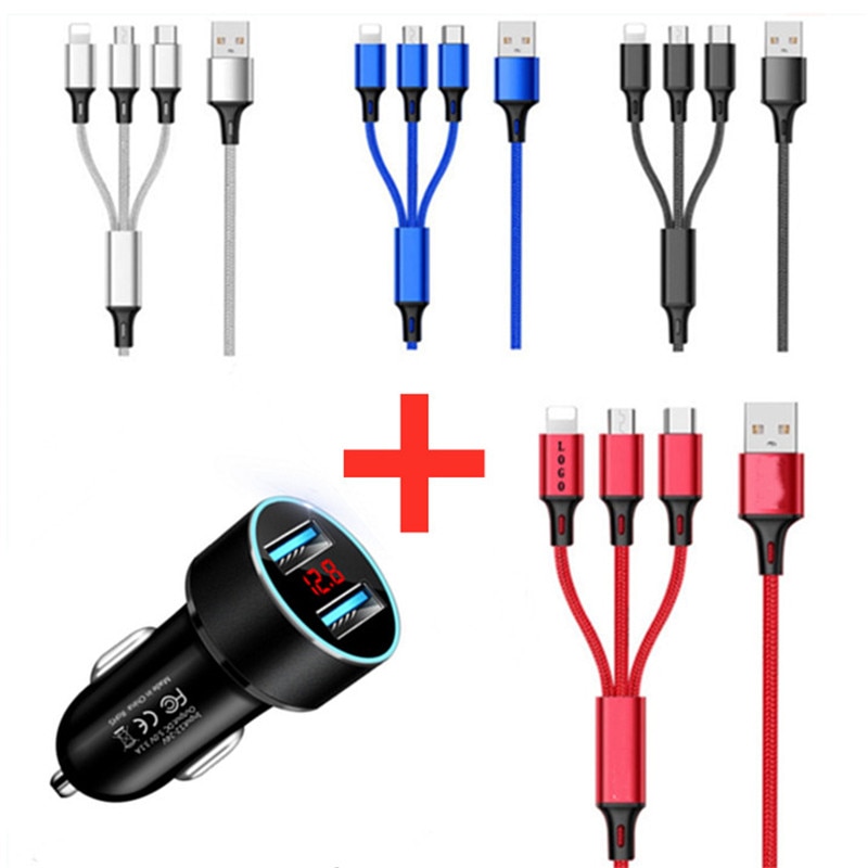 Cargador de coche inalámbrico 3 en 1, Cable de carga rápida, USB Dual para teléfono inteligente, Cable de carga de datos Universal para iPhone, Android, Xiaomi, tipo C