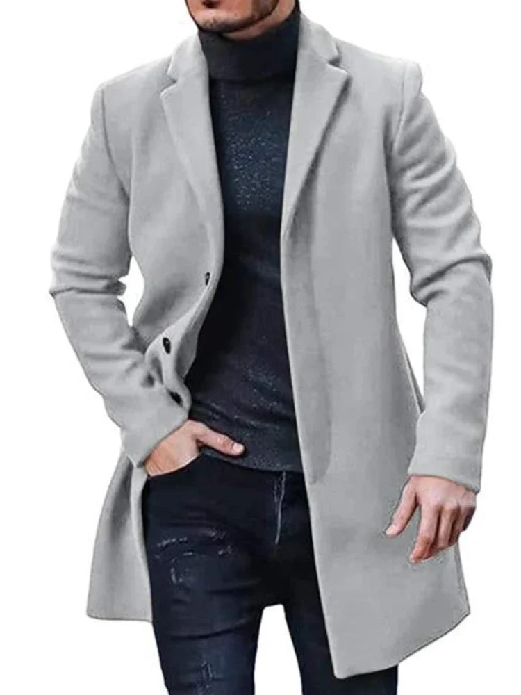 Men's Spring Autumn Mid length Cotton Coat Wool Blended Solid Color Casual Business Slim Fit Windproof Jacket