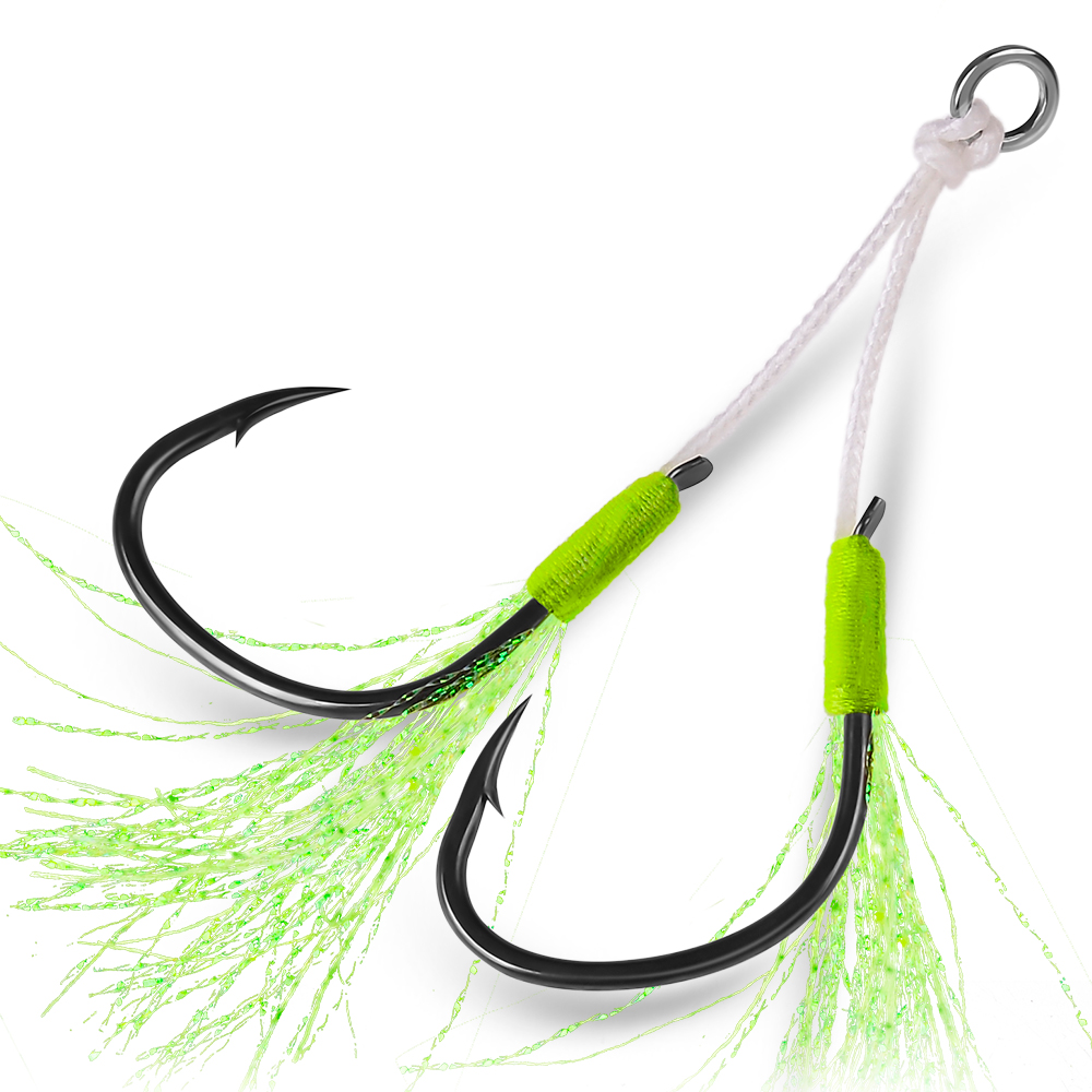 PROBEROS – Kit de crochets d'assistance à la pêche doubles, avec pompons, leurres de gabarits à chute lente, parfaits pour le gabarits Vertical, la pêche en plein air, 2 pièces
