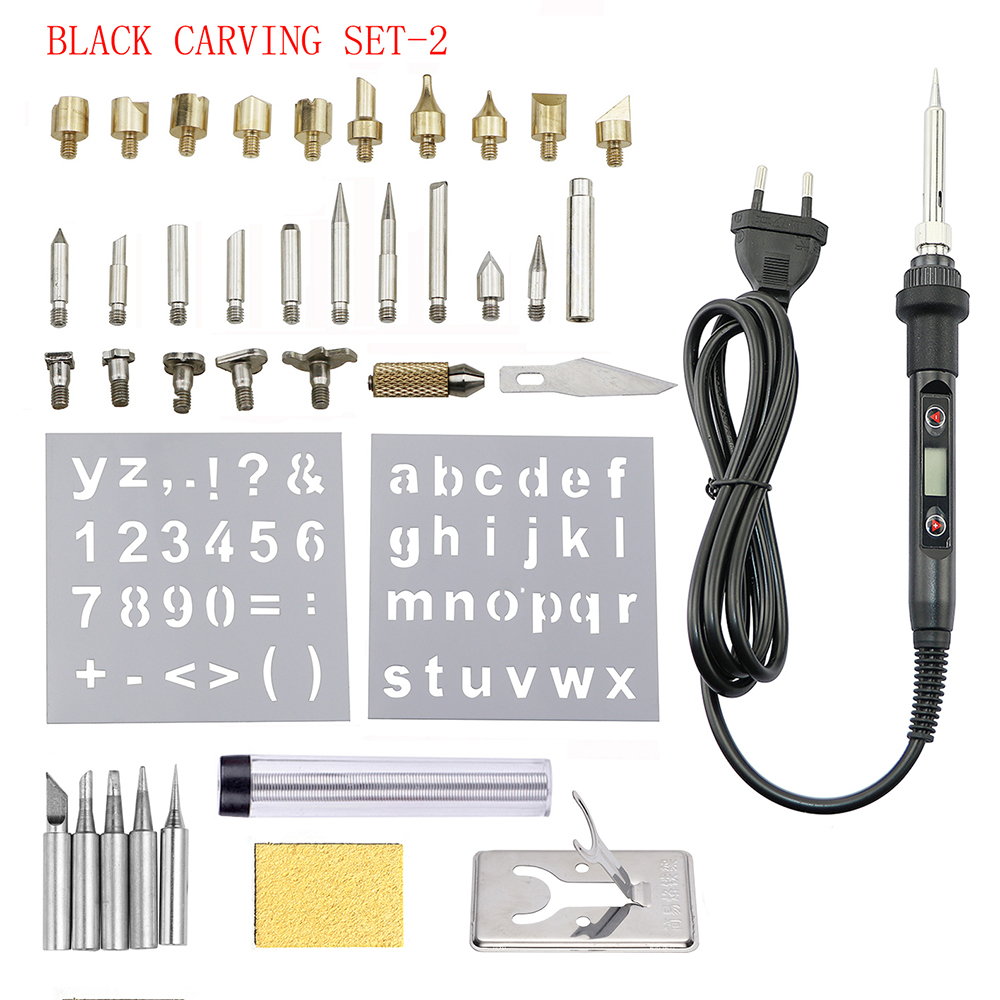 60W 80W Wood Burning Carving Pyrography Pen Kit Adjustable Temperature Soldering Iron Welding Wood Embossing Burning Repair Set: 110V US Plug / 80W Black set-2