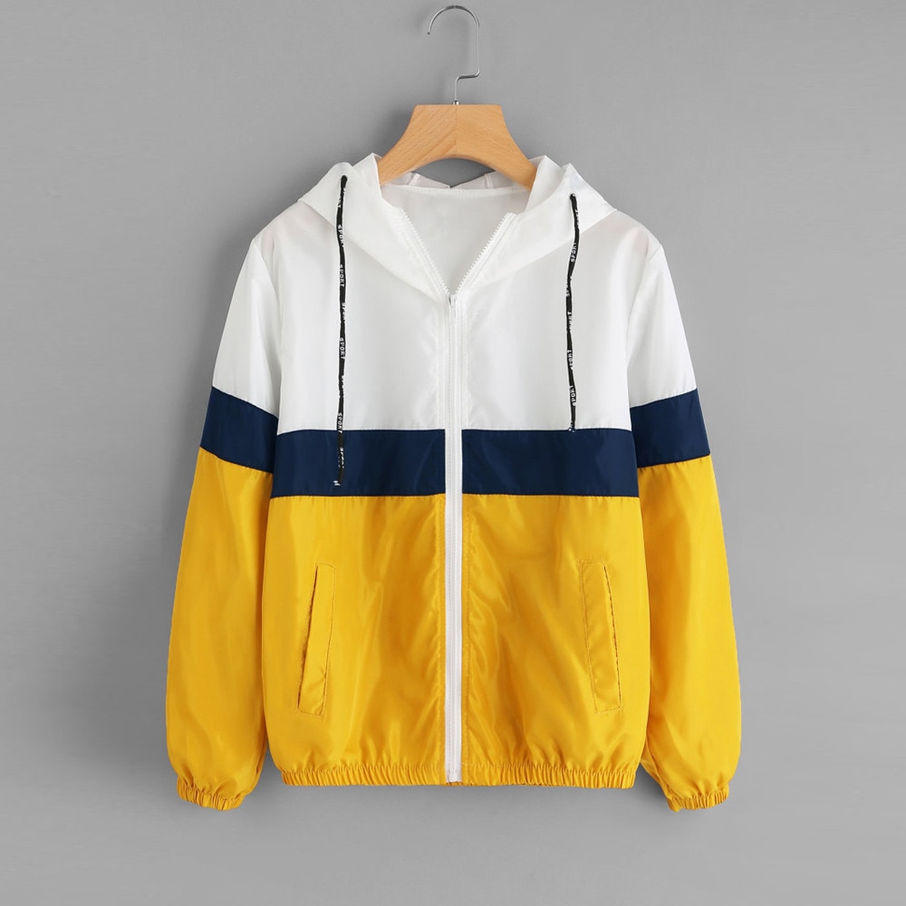 Jaycosin Vrouwen Jas Lange Mouw Patchwork Dunne Skinsuits Capuchon Rits Sport Jas Stiksels Contrast Hooded Dunne Jas: YELLOW / XL