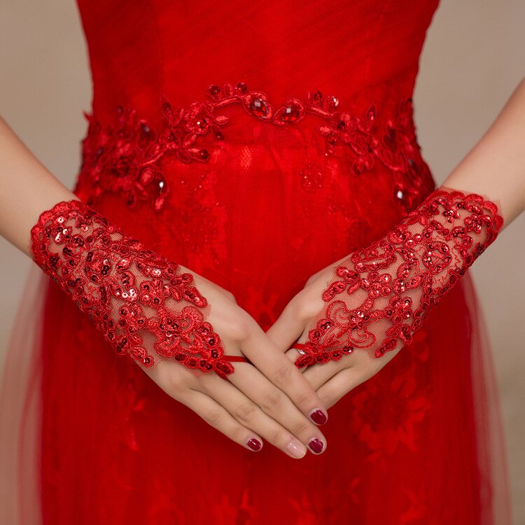 Mariée mariage gants blanc rouge courte dentelle mariage cérémonie cheongsam grillage robe performance gants: red