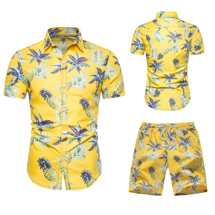 shirt Hawaiian shirt men casual camisa masculina printed beach shirt short sleeve + shorts set clothes: S