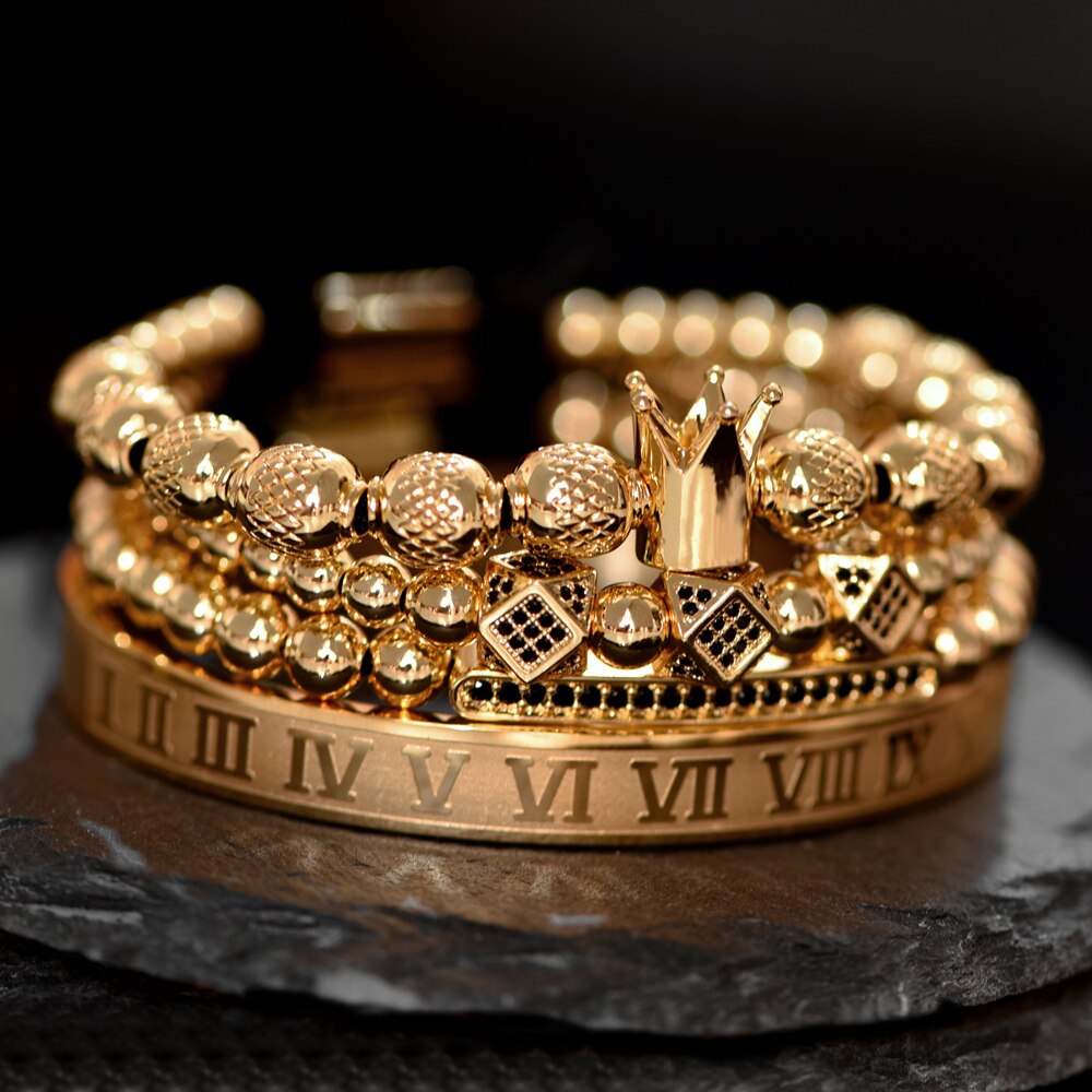 Handgemaakte Vlechten Armband Gouden Hip Hop Mannen Gepolijst Crown Romeinse Cijfer Armband Luxe Sieraden Dropshiping