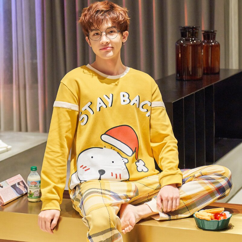 SONG Spring Autumn Pajama Sets For Men Pure Cotton Round Neck Long Sleeve Cute Cartoon Handsome Casual Home Wear Suit