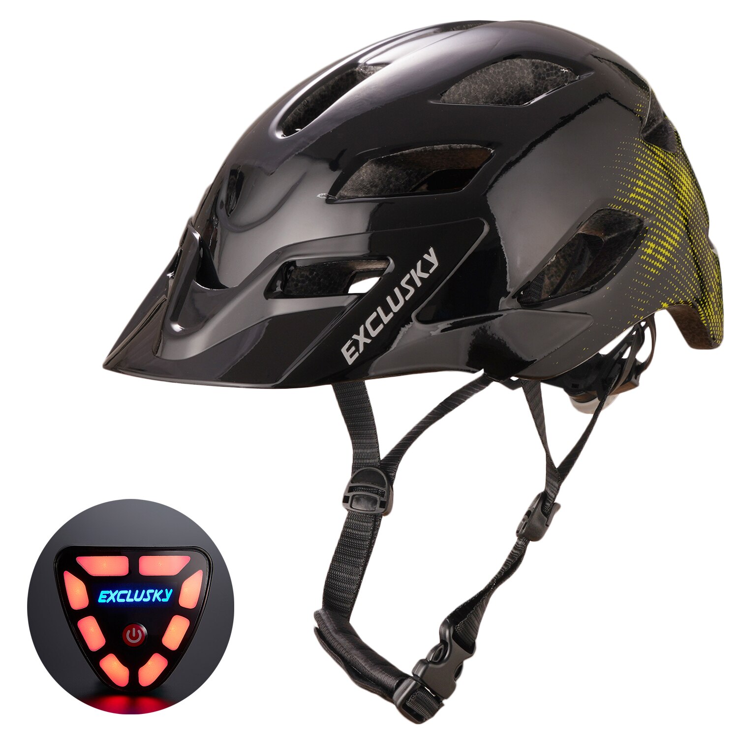 EXCLUSKY-casco de luz LED para bicicleta de montaña para adulto, con carga USB, M/L, 56-61CM: black  yellow