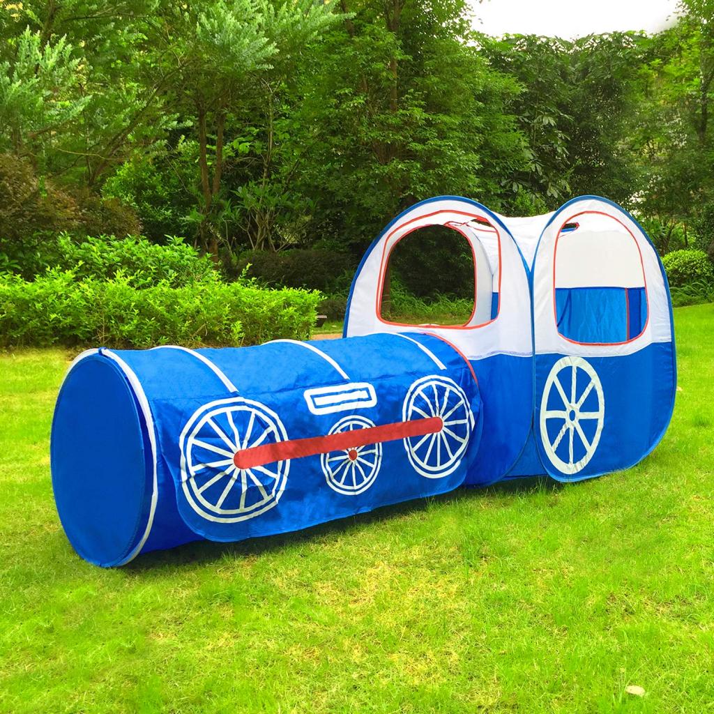 Bambini Tunnel Tenda con il Treno Modello Playhouse Regalo Di Compleanno per I Bambini Più Piccoli, Pieghevole e Resistente (Blu)