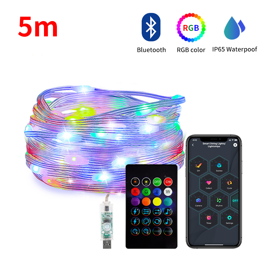 10m 5m rgbic ledet-lysstreng  ws2812b stk. bluetooth usb musikk drømmefargelampe 5v stk. ledet julefestgirlander fe-lysstreng til hjemmet: Blå