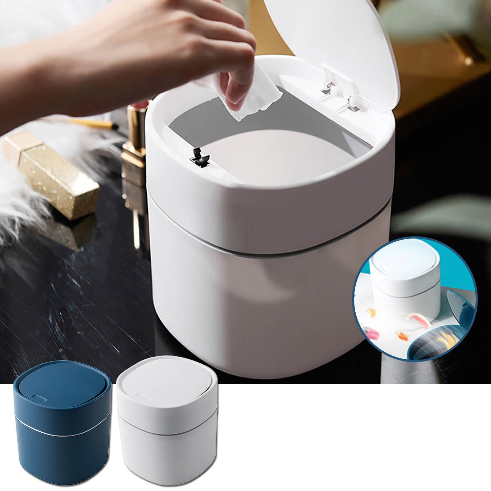 40# Trash Can Mini Covered Kitchen Living Room Trash Can Garbage Basket Table Waste Recycling Bins Sundries Box