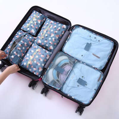 7 teile/satz Reise Organizer Würfel Kompression Beutel Wasserdicht Gittergewebe Langlebig Gepäck Veranstalter Verpackung Würfel Mit Schuh machen-hoch Tasche: DIASY Blau