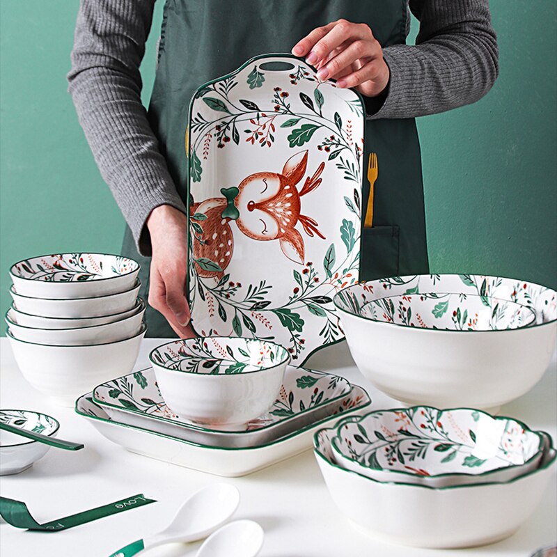 Cartoon Ceramic Kids Plate Set Dinning Food Deer Restaurant Nordic Plates Dinner Serving Platos De Cena Home Tableware DL60PZ