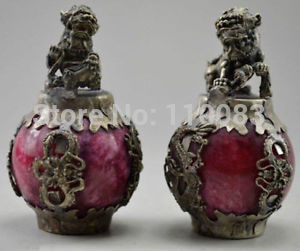 Vintage Handwerk Theepot Voor Chinese Oosterse Decor Oude Jade & Tibet Zilveren Kylin Dragon Phoenix Paar Standbeeld 2 stks sets