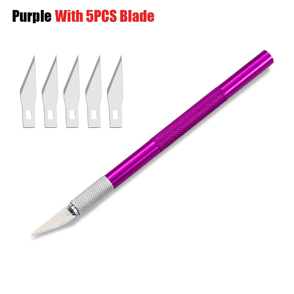 DIY Art Cutting Tool Craft Cutting Kinfe with Blade Safety Cutter Paper Knife with 5pcs Blades Cutting Pen Metal Engraving Pen: purple 1 set