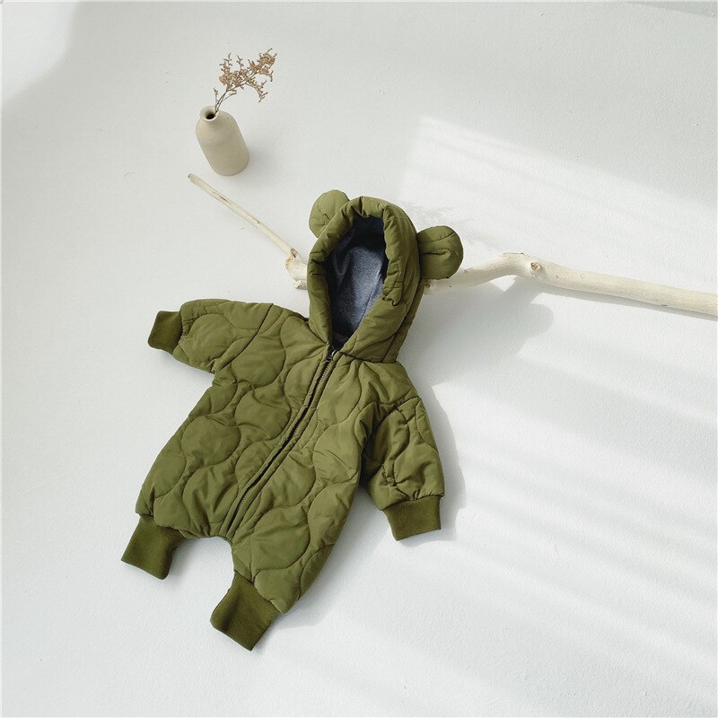 Vinter baby drenge og piger varme quiltede søde bjørne lange ærmer bukser 0-2 år spædbørn børn tyk lynlås hætte jumpsuits: Militærgrøn / 24m
