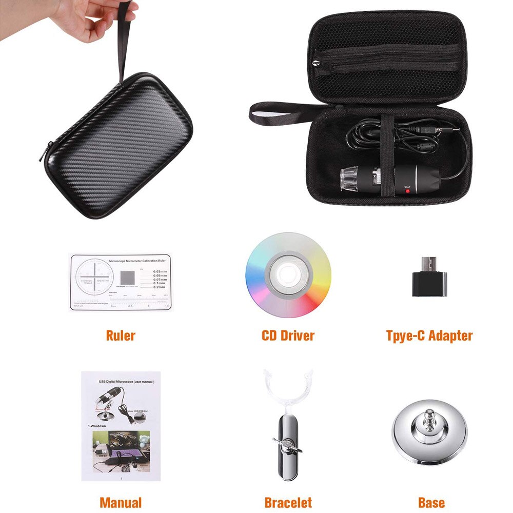 Microscopio Digital USB de 40X a 1000X, Bysameyee, cámara endoscópica con aumento de 8 LED, con Estuche de transporte y soporte de Metal