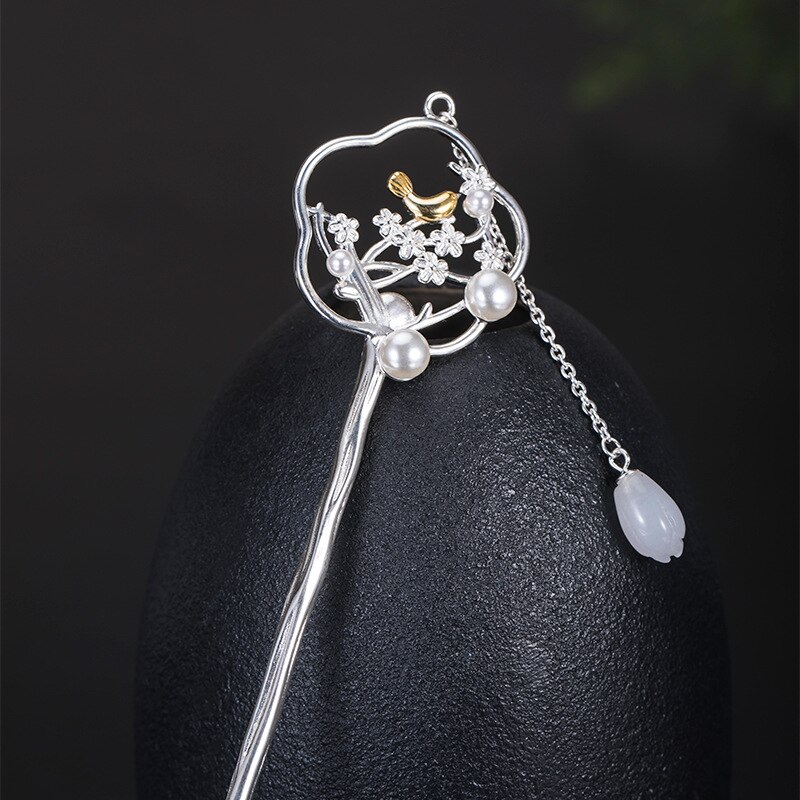 S925 sterling silver hanfu accessories hetian magnolia bird hairpin creative temperament super fairy magpie stepping hairpin