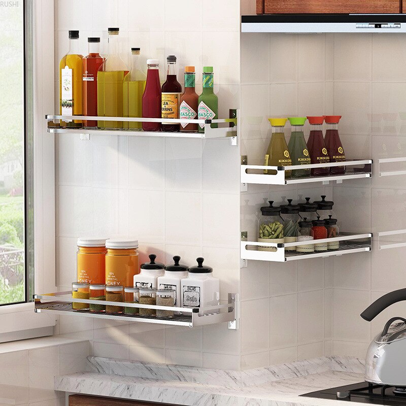 304 Stainless Steel Kitchen Rack Wall Hanging Type Punch Free Seasoning Frame Save Space Supplies Wall Mounted Kitchen Rack