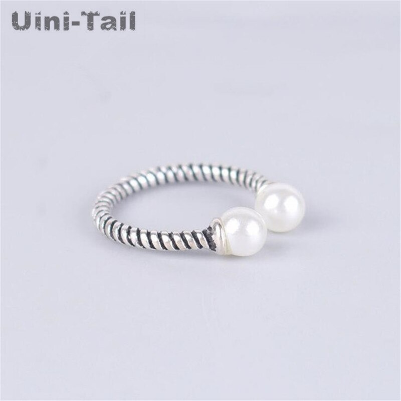 Uini-Tail Korea 925 Sterling Silver Personality Retro Twist Pearl Open Ring Pearl Trend