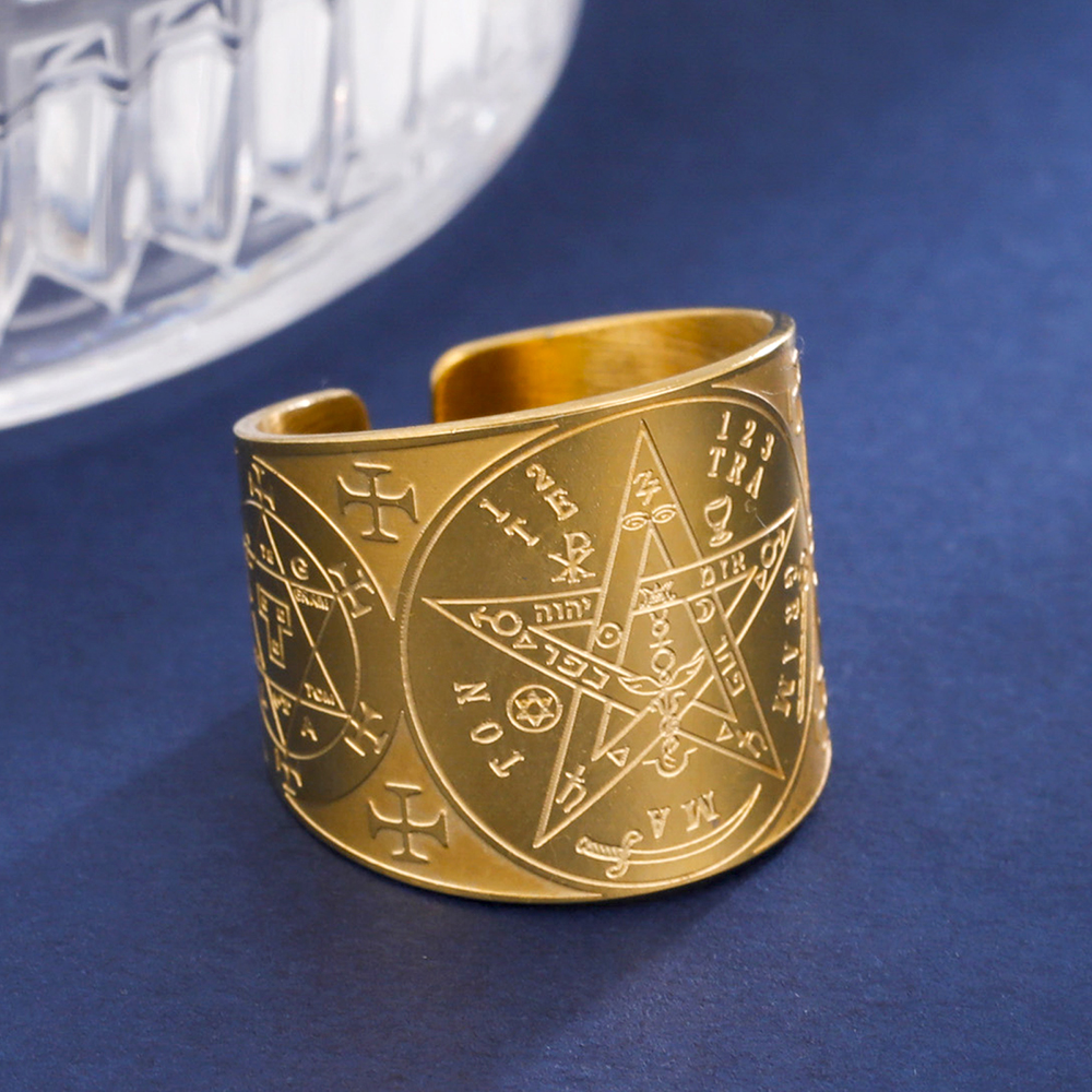Anillo de tetragrammatón con pentagrama de brujería, anillo de dedo con pentáculo de acero inoxidable para hombres, amuleto de protección de energía antigua, joyería