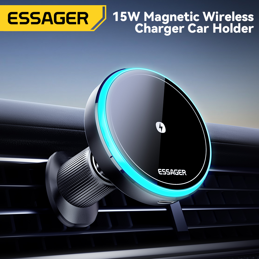 Magnetyczny uchwyt samochodowy Essager na telefon 15W Bezprzewodowa ładowarka do iPhone'a 15 14 13 Pro Max Ładowarka samochodowa do Magsafe LED Light