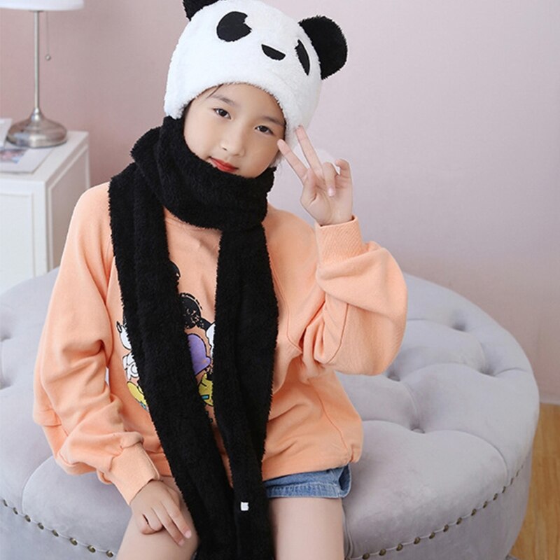 Peuter kinderen baby winter 3 in 1 muts lange sjaal handschoenen set panda dierenoren dikke pluizige pluche hoodie oorklep muts nekwarmer