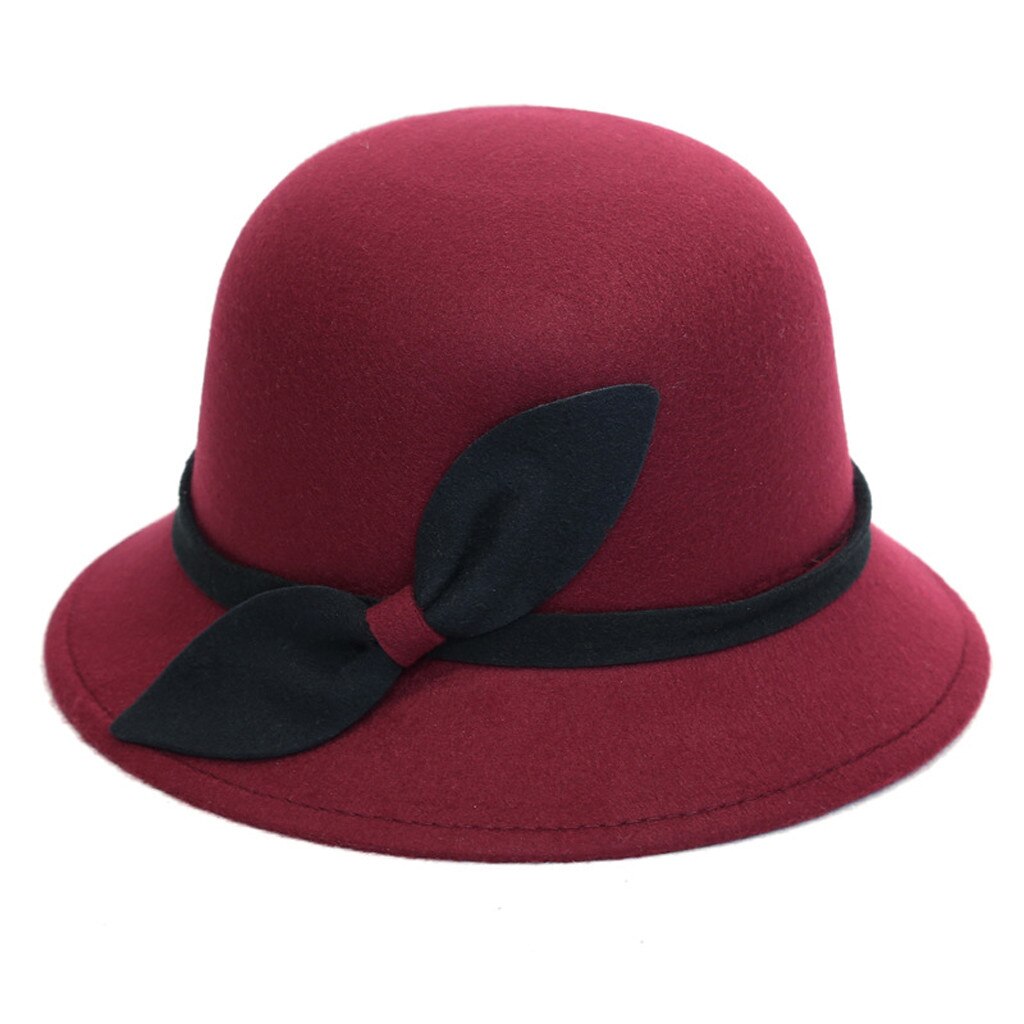 Hoeden Mode TopHat verkoop Fedora Chapeau Sombrero Mujer Vrouwen Faux Wol Emmer Hoeden Mode Bowler Cap Met Strik: Wine 