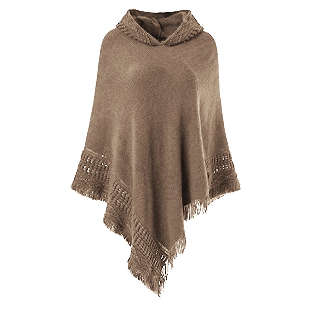 Automne hiver femmes tricot haut à manches chauve-souris Poncho Cape Cardigan manteau chandail décontracté lâche irrégulière ourlet gland Cape: Khaki