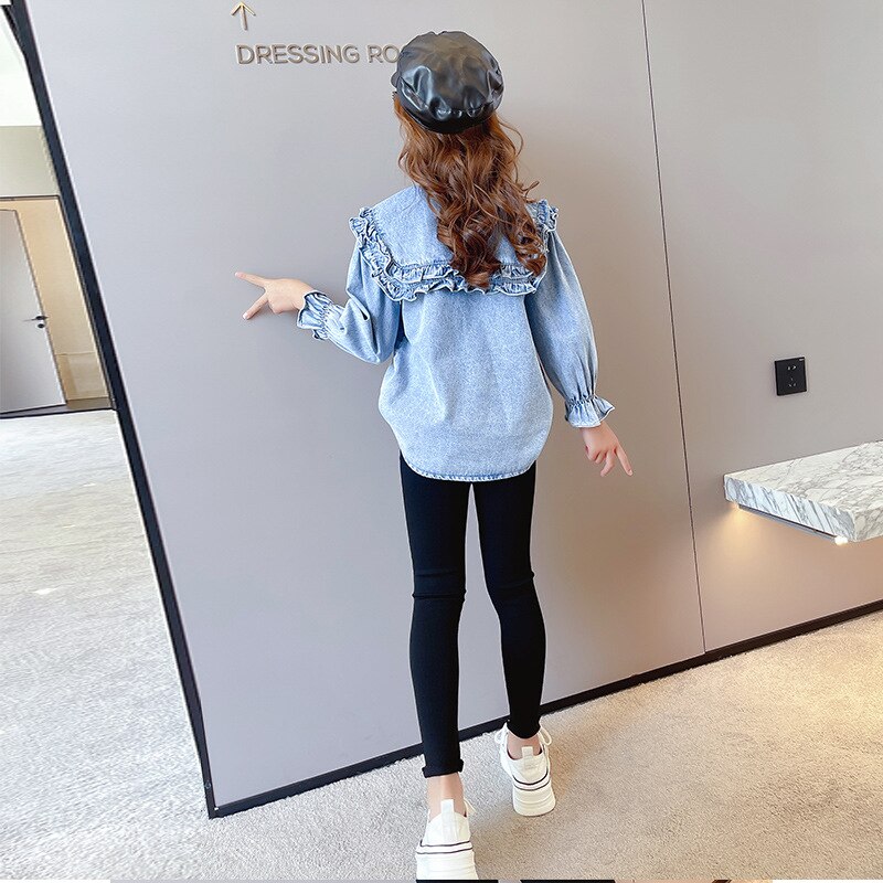 Top per ragazze adolescenti camicie di cotone Denim con collo arricciato per 6 8 10 12 anni camicetta per bambini blu primavera per bambini