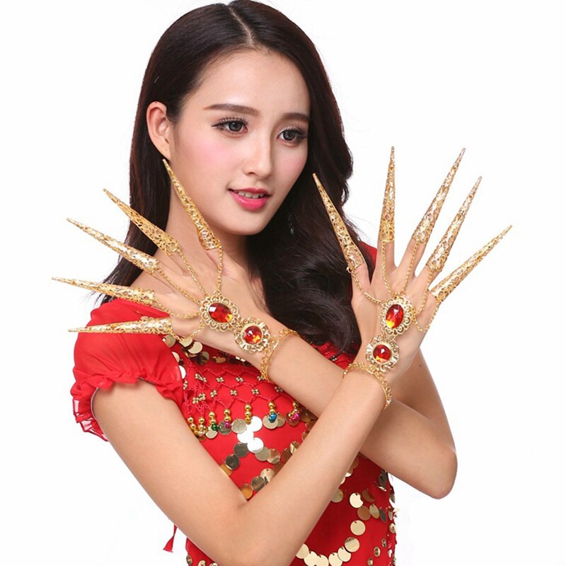 2 uds. De Ropa de baile India, joyas estilo Bollywood con las uñas, pulseras de joyería India de oro para niñas y adultos, Accesorios de danza del vientre